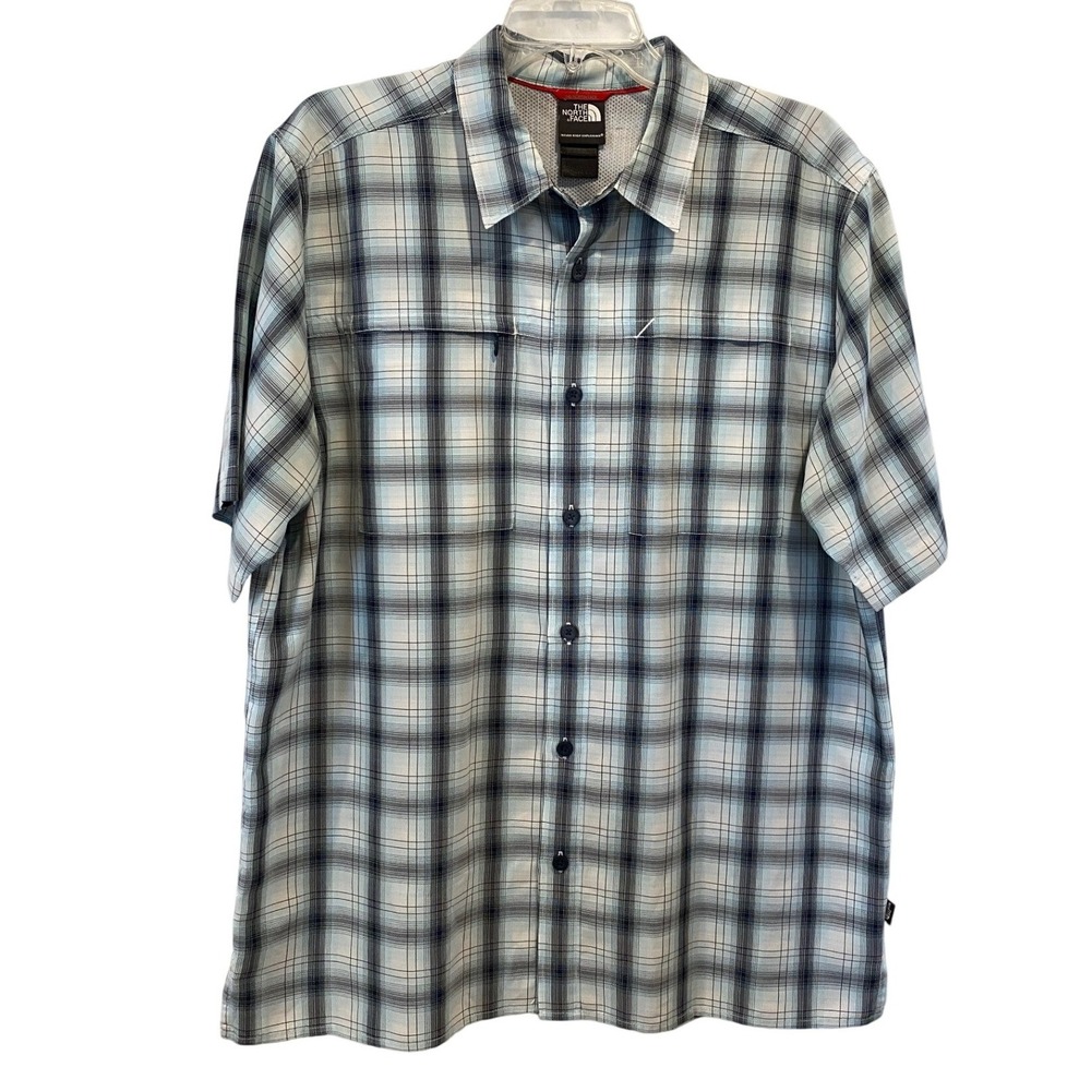 The North‎ Face Mens Large Blue Plaid Short Sleeve Technical Hiking Shirt Large